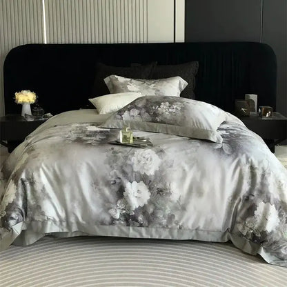 Luxurious gray and white bedding set with decorbites flowers pattern and soft satin-like brushed finish