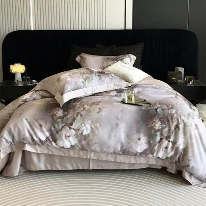 Elegant gray bedding set with decorbites flowers pattern brushed fabric and soft satin finish for bedroom decor