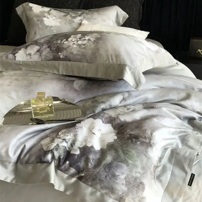 Silk pillowcases and duvet cover bedding set with gray and white ruffled decorbites flowers pattern brushed design