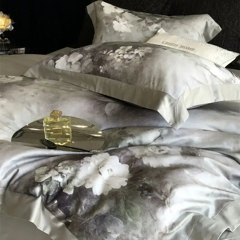 Elegant gray and white satin bedding set with ruffled decorbites flowers pattern brushed for bedroom use