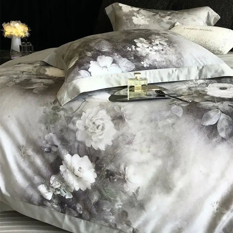Elegant gray and white satin bedding set with decorbites flowers pattern brushed design and soft luxurious sheen