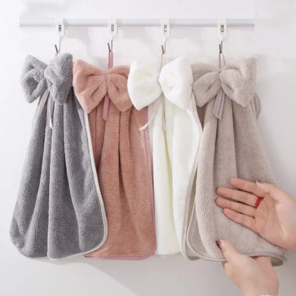 Soft gray and beige decorbites bowknot coral velvet hand towels with plush texture and large bow for kitchen cleaning