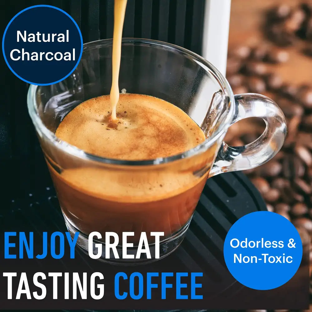 A clear glass espresso cup with rich crema alongside a gray charcoal espresso machine water filter 6 pack
