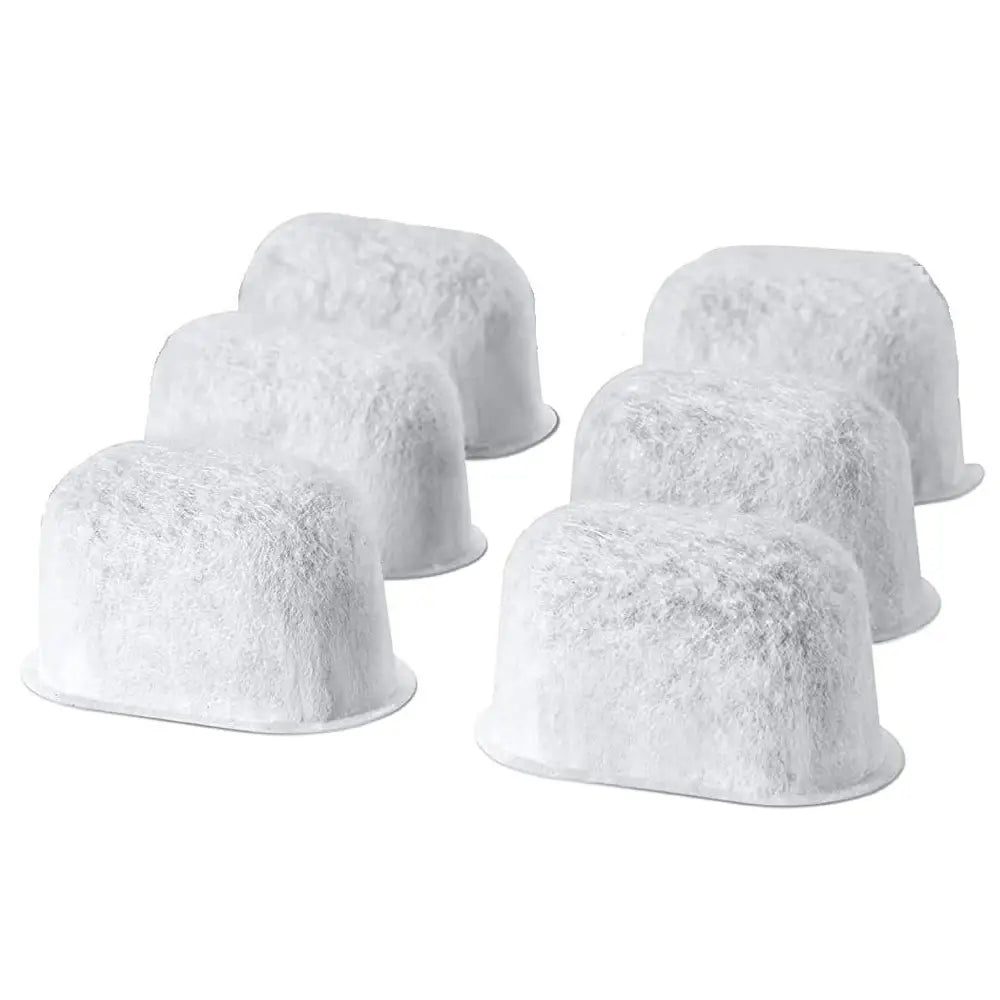 Six white fuzzy-textured water filter cartridges for gray charcoal espresso machine water in a 6 pack kitchen accessory