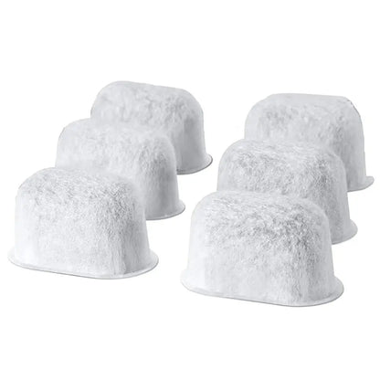 Six white fuzzy-textured water filter cartridges for gray charcoal espresso machine water in a 6 pack kitchen accessory