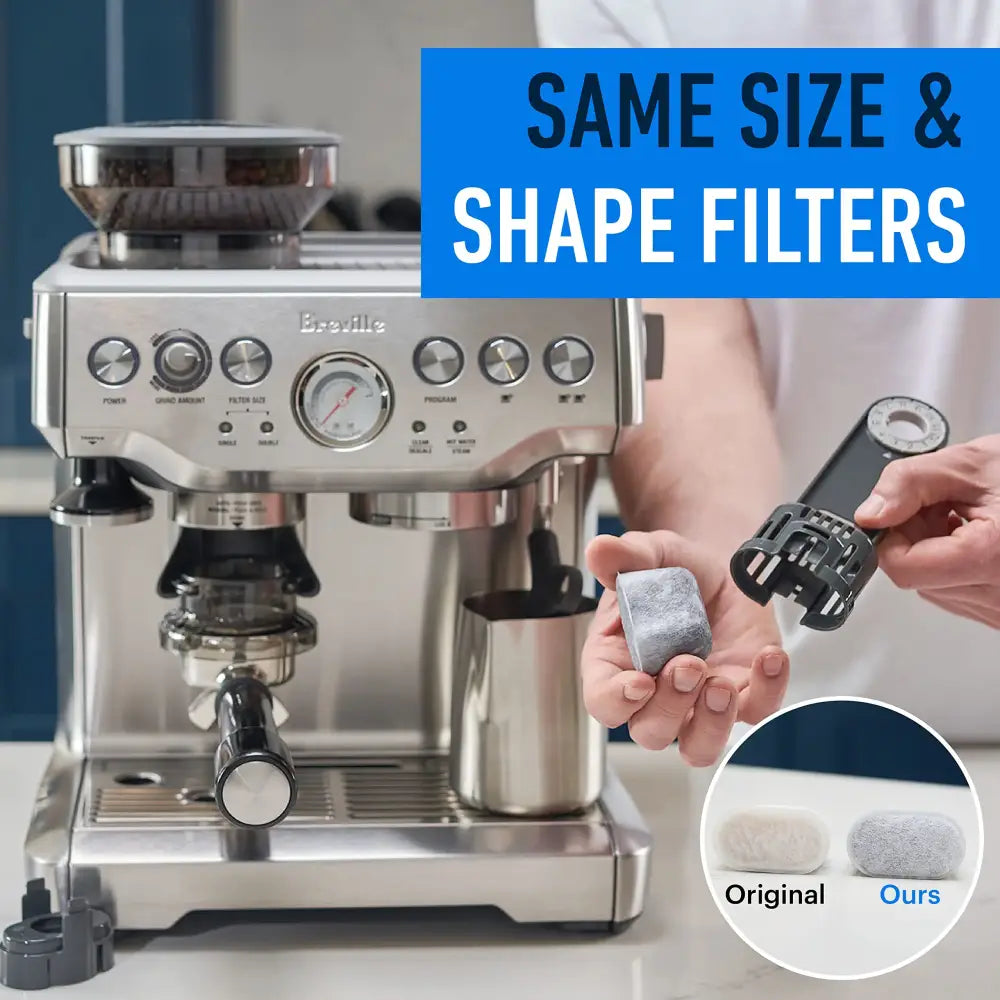 Silver breville espresso machine with black accents and stainless steel portafilter with gray charcoal espresso machine water filter 6 pack