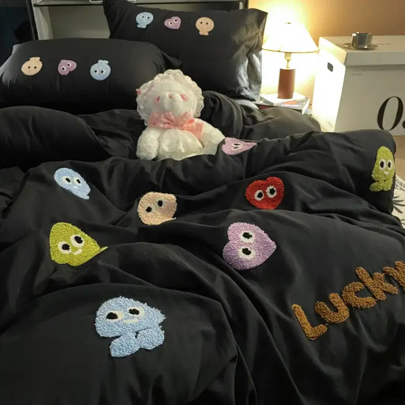Black bedding set with colorful plush embroidered cartoon faces in cotton cartoon towel for bedroom decorbites decor
