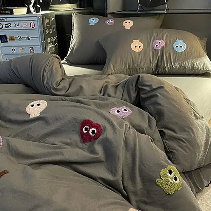 Gray cotton cartoon towel bedding set with plush embroidered colorful cartoon faces for bedroom decorbites decor