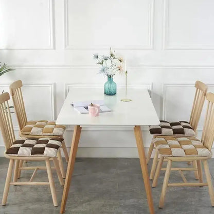 Beige and brown checkered woven cushioned chair pads for dining room featuring decorbites corduroy cushion fabric