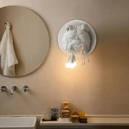 White ceramic bulldog led wall lamp with three exposed bulbs hanging from mouth for living room decorbites wall lamp