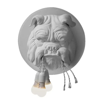 White sculpted bulldog led wall lamp with three hanging bulbs for living room by gray decorbites wall sconce