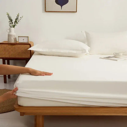 White decorbites cotton fitted sheet with elasticized edges and smooth seamless finish in bedroom bedding sheet set