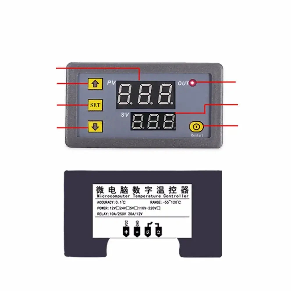 Gray digital temperature controller thermostat with two led displays yellow pv set sv buttons and restart button for kitchen use