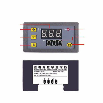 Gray digital temperature controller thermostat with two led displays yellow pv set sv buttons and restart button for kitchen use