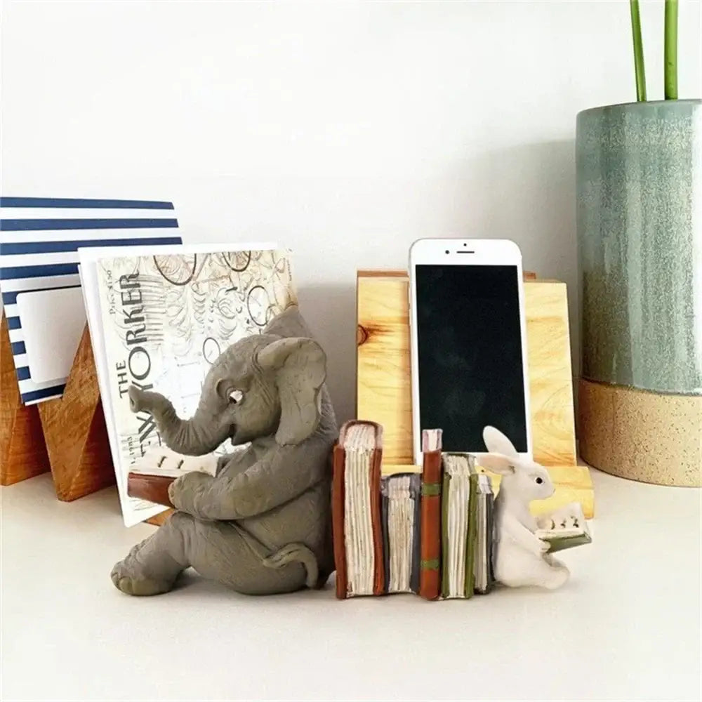 Gray ceramic elephant bird rabbit figurine bookend with whimsical seated design holding open book for living room decorbites decor