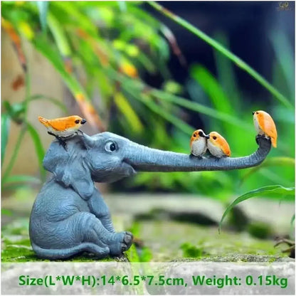 Gray resin elephant bird rabbit figurines with three orange birds perched for living room decorbites elephant bird decor