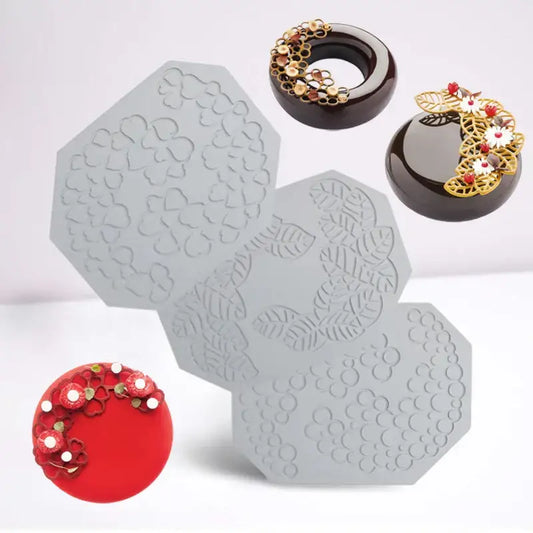 Set of three gray silicone mold with floral heart leaf and circular patterns for kitchen baking decorbites heart leaf