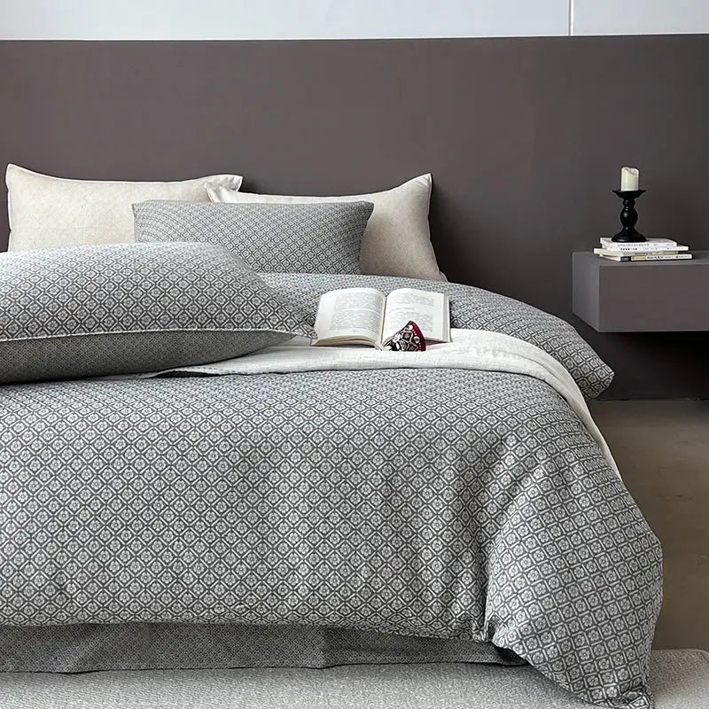 Gray geometric linen cotton jacquard bedding set with matching pillows and white blanket for bedroom decorbites linen cotton decor