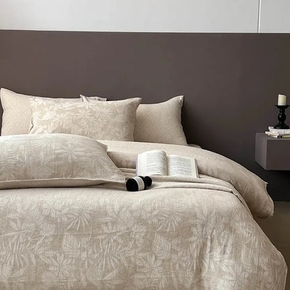 Beige linen cotton jacquard duvet set with subtle leaf embroidery for bedroom decorbites linen cotton bedding set