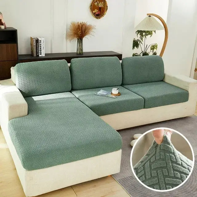 Teal textured sofa cover with woven pattern for gray herringbone stretch living room furniture protector