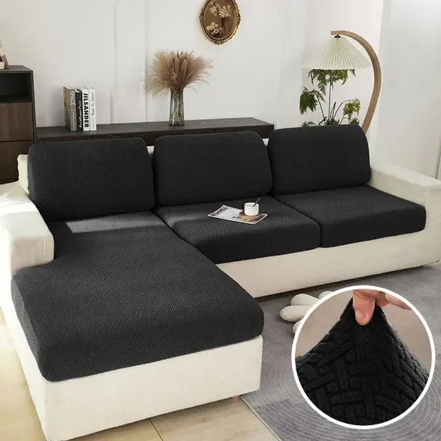 Black textured fabric sofa cover with subtle woven pattern for gray herringbone stretch sofa seat living room protector