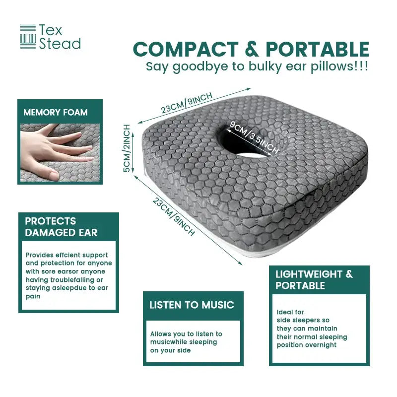Gray hexagonal textured memory foam ear hole sleeper pillow with central cutout for side sleeping decorbites comfort