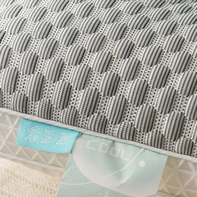 Gray mesh pillow cover with breathable textured pattern and light blue tags for decorbites ice rayon cooling pillow