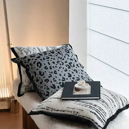 Black and gray leopard print throw pillow with plush textured fabric for decorbites leopard print luxury mink fur blanket bedroom decor