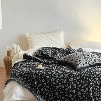 Gray leopard print luxury mink fur throw blanket with frayed edges for bedroom decorbites leopard print style