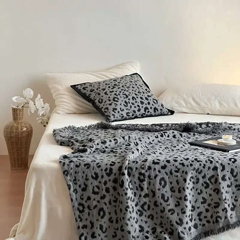 Gray leopard print luxury mink fur blanket with black spots and fringed edges for bedroom decorbites leopard print