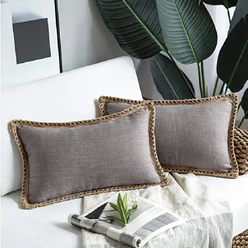 Two gray linen square throw pillow covers with woven natural fiber trim for bedroom decorbites linen square throw pillows