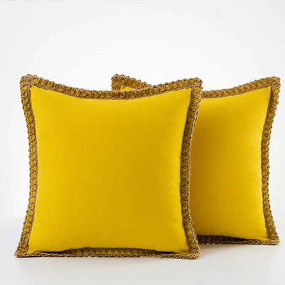 Vibrant yellow velvet throw pillow covers with textured gold braided trim complement decorbites linen square throw set