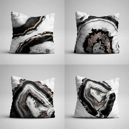 Four square throw pillow cases with gray marble and black agate glittery geode patterns for living room decor