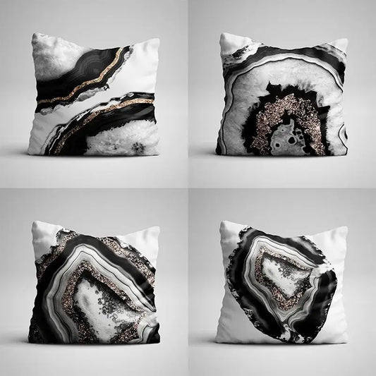 Four square throw pillow cases with gray marble and black agate glittery geode patterns for living room decor
