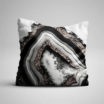 Square pillow case featuring gray marble and black agate design with rose gold glitter textures for living room decor