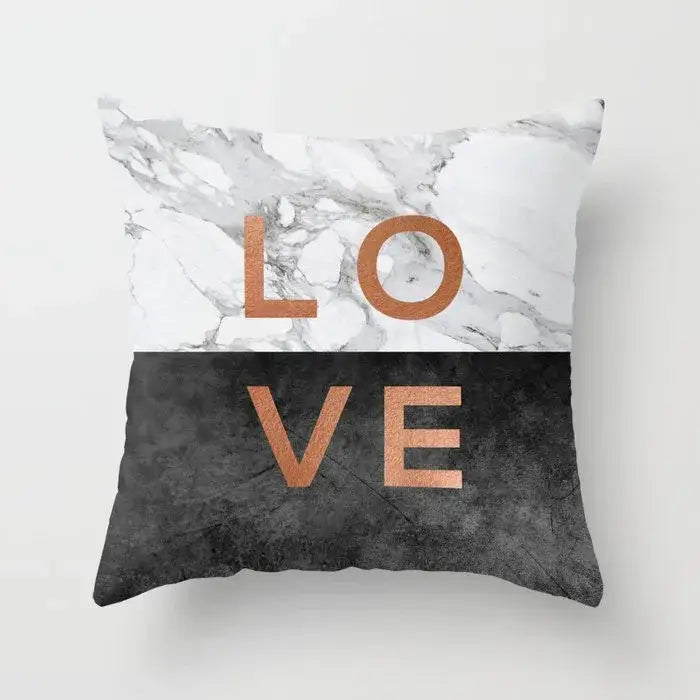 Gray marble and black agate pillow case with rose gold love lettering for living room decor