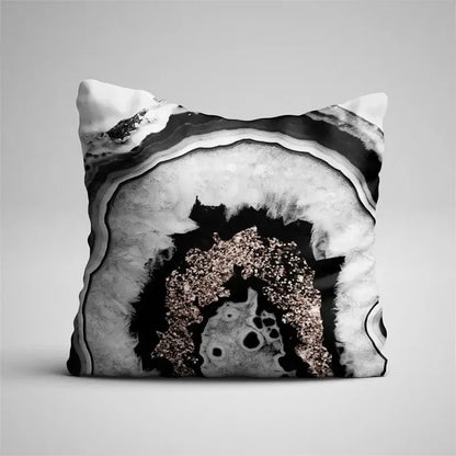 Black and white agate geode patterned pillow case with rose gold accents for gray marble and black agate living room decor