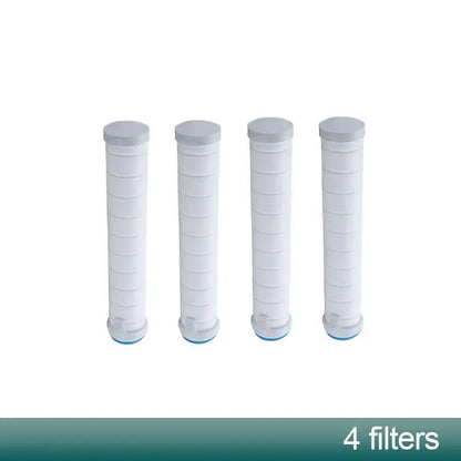 Four white cylindrical water filters with gray tops and blue bases for gray metallic 3-mode handheld shower head spray nozzle
