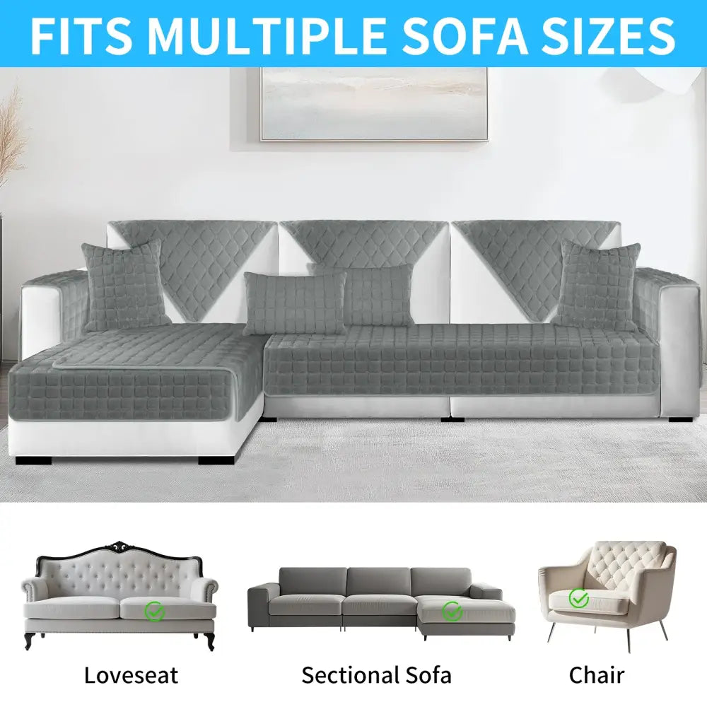 Gray quilted velvet plaid sofa cover with diamond stitching pattern for living room furniture protection
