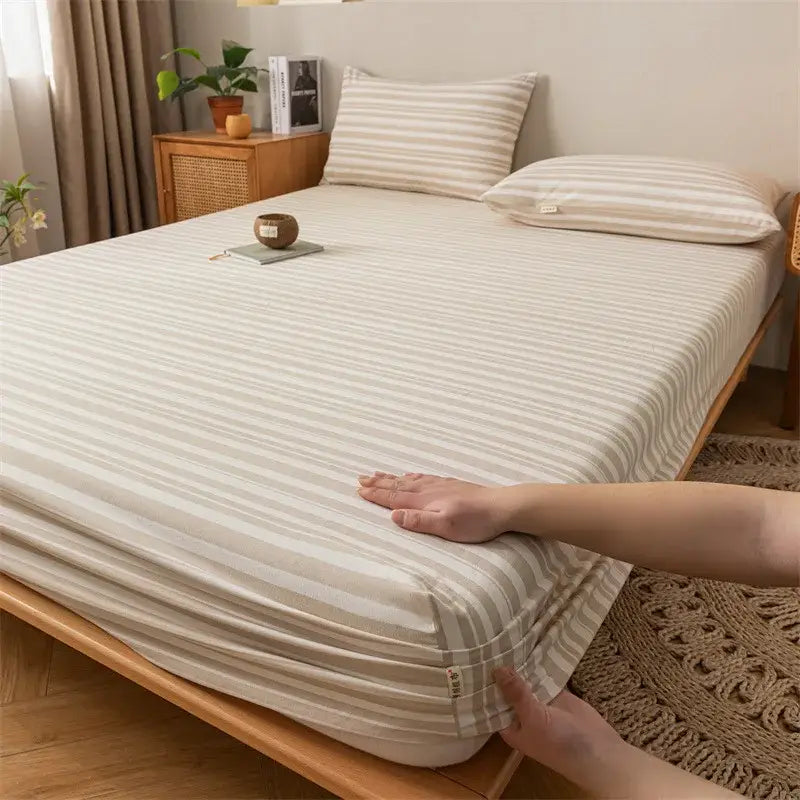 Beige and cream striped cotton fitted sheet with a soft smooth texture from gray red and black plaid sheet set decorbites coarse cloth