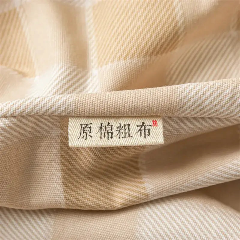 Beige plaid cotton fitted sheet with woven texture and subtle diagonal stripes from decorbites coarse cloth sheet set