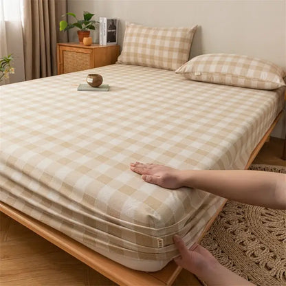 Beige and white checkered woven textured fitted sheet from gray red and black plaid cotton sheet set by decorbites coarse cloth