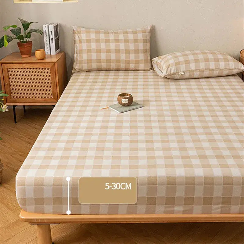 Beige and white checkered fitted sheet with smooth glossy fabric finish in gray red and black plaid cotton sheet set decorbites coarse cloth