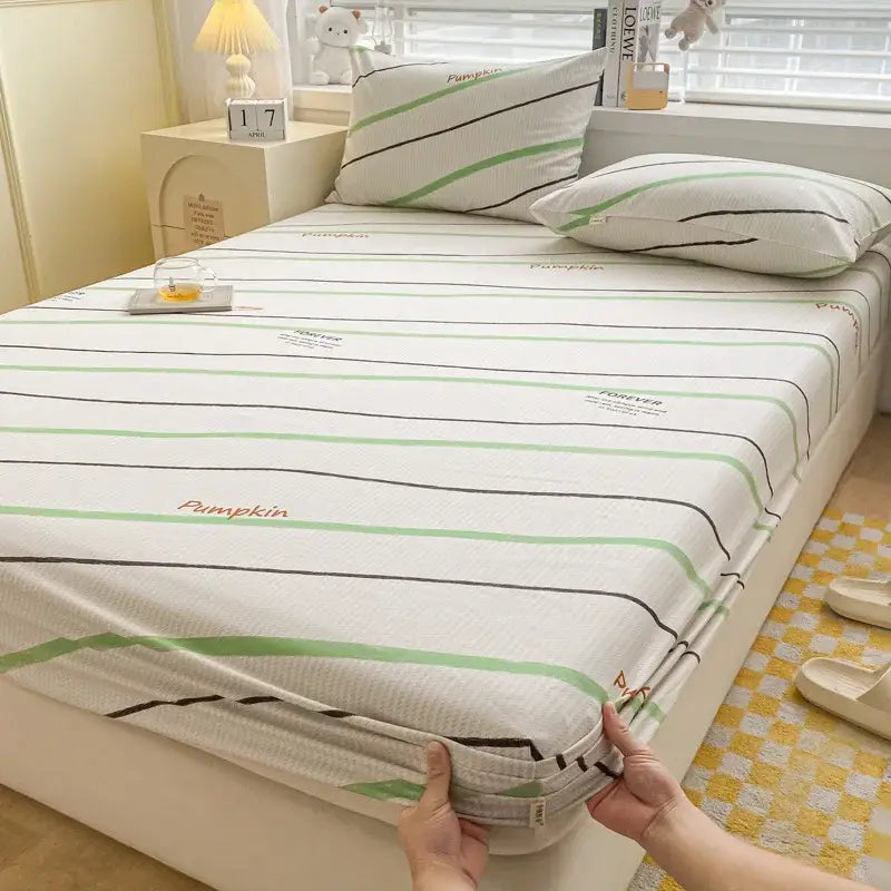 White bed sheet with green and black stripes and pumpkin print paired with gray red and black plaid cotton fitted sheet set decorbites coarse cloth
