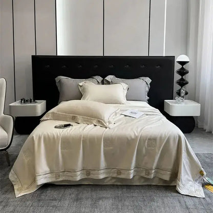Cream-colored satin summer quilt bedding set with gold trim and decorbites eucalyptus fiber for elegant bedroom decor