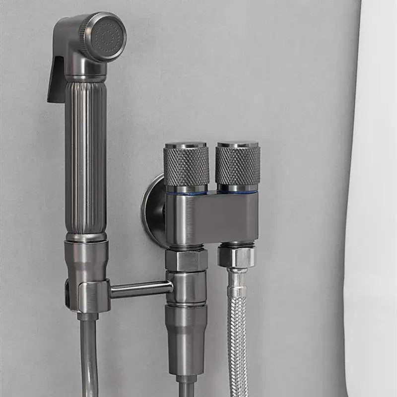 Modern gray stainless steel bidet faucet set with brushed spray nozzle, textured knobs, and braided hose for high pressure use