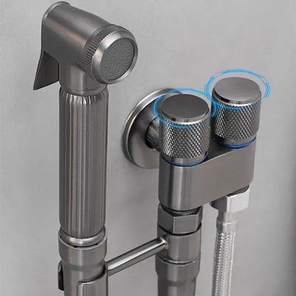 Gray stainless steel bidet faucet set featuring a handheld showerhead with textured knobs and ribbed handle for high pressure spray