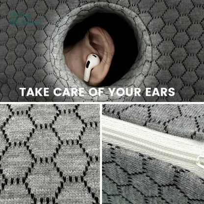 White wireless earbud nestled in gray hexagonal fabric pouch with decorbites comfort ear guard pillow for cnh relief