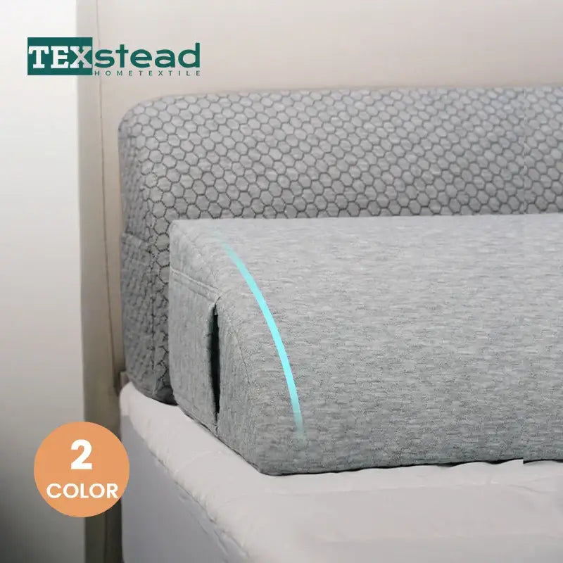 Gray textured memory foam bed wedge pillow by Texstead Hometextile with honeycomb patterned headboard for mattress gap filling