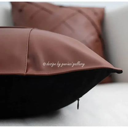 Brown leather-like pillow with quilted pattern and black zipper closure for decorbites gray faux rex rabbit fur cushion cover
